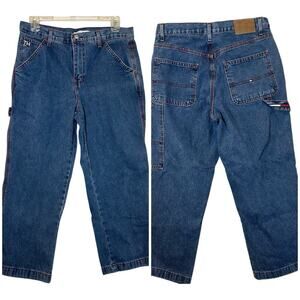 Vintage Tommy Hilfiger Y2K 2001 Wide Leg Carpenter Jeans Leather Patch Baggy